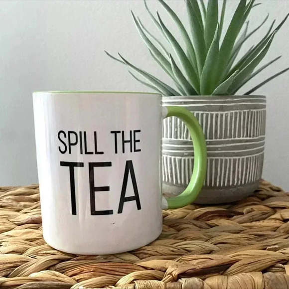 SPILL THE TEA Ceramic White Coffee Mug 11oz Green Interior - Picture 1 of 3